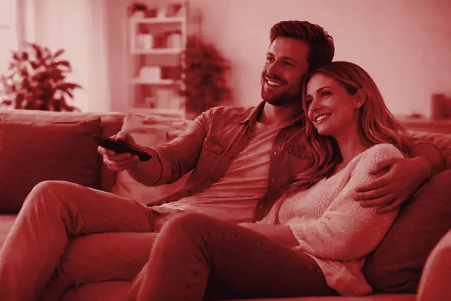 A family watching Glomax8K on the living-room television