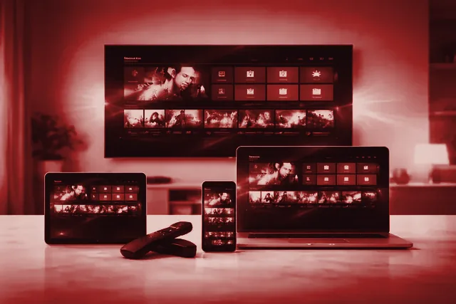 Glomax8K playing on a smart TV, tablet, laptop and phone at once
