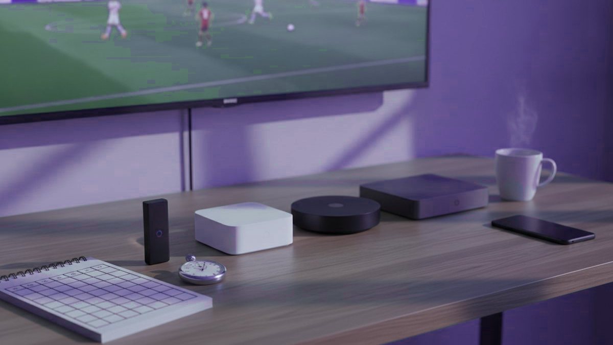 Five streaming devices, a notebook scoring grid and a stopwatch in front of a TV showing a football match